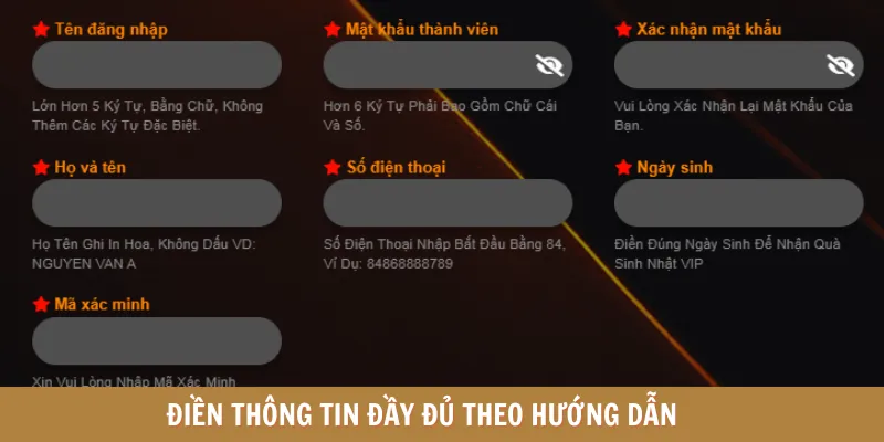 Điền thông tin đầy đủ theo hướng dẫn