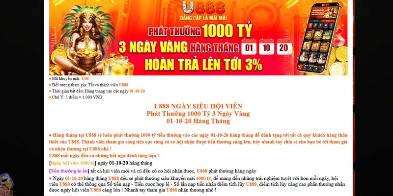 Tìm hiểu về các chương trình khuyến mãi mỗi ngày tại U888